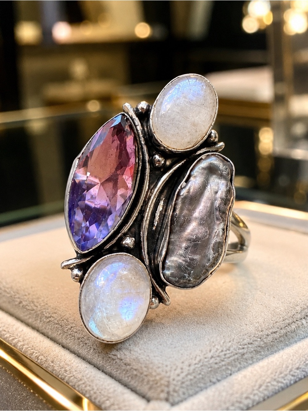 Artisan Multi-Color Gemstone Cluster Statement Ring | Moonstone | Size 6.75